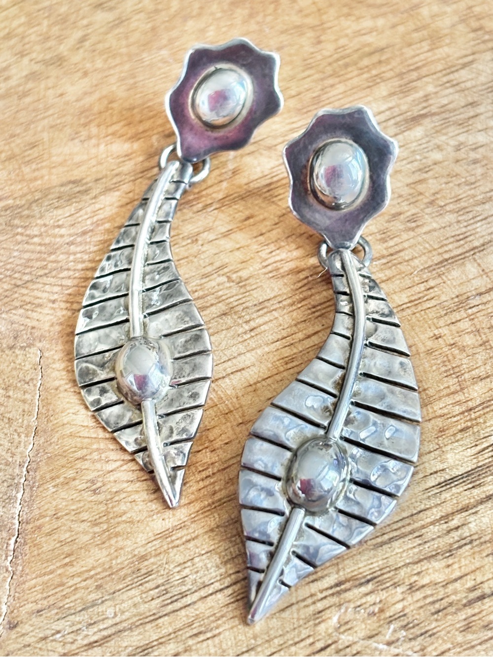 Large Vintage Sterling Silver Abstract Modernist Leaf Drop Earrings - Unique